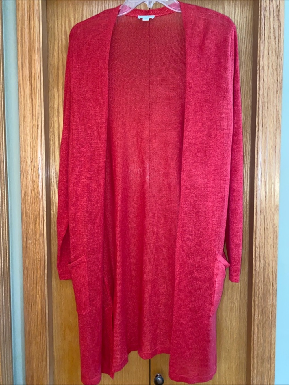 J. Jill Linen Blend Cardigan Sweater Womens L Coral Red Open Front Coastal Beach